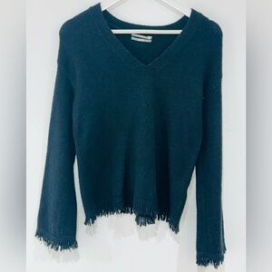 Anthropologie A.N.A. Black Fringe Helm Sweater Womens Small V-Neck Boho Knit